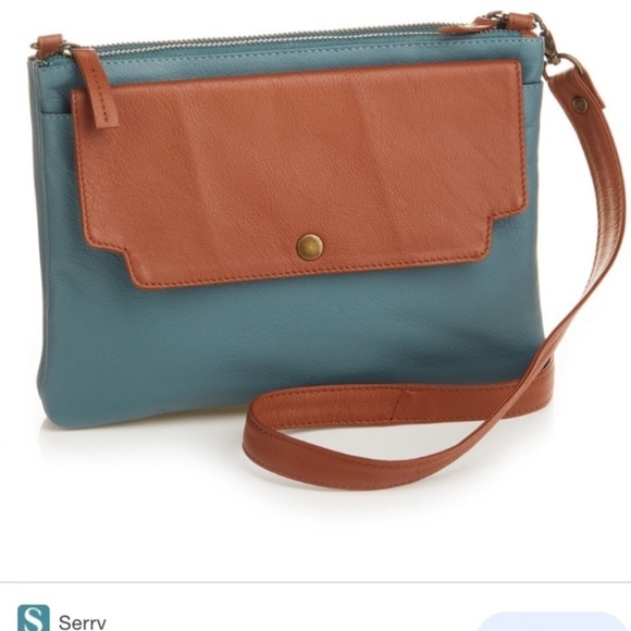 Serrv Handbags - Serrv Leather Purse two Tone Blue & Tan Crossbody Bag Clutch Organizer 7”x10”x2”